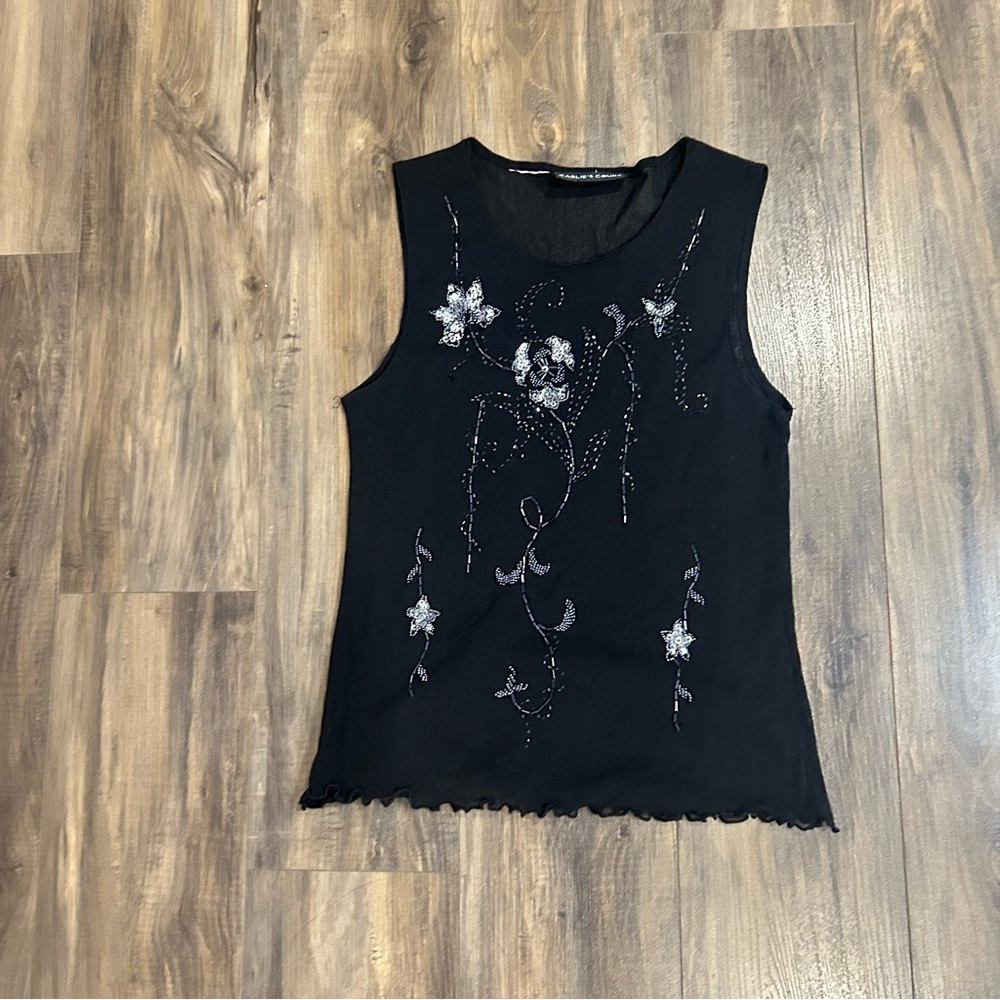 Black Beaded Floral Sleeveless Top - Picture 2 of 5